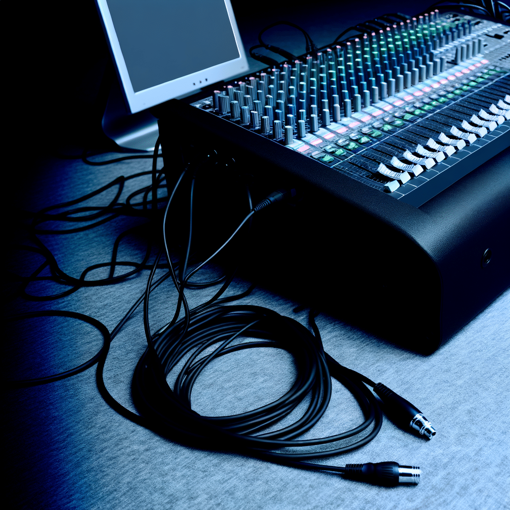 przedstawia nowoczesną konsolę mikserską w trudno rozpoznawalnej, ciemnej sali konferencyjnej. Kable leżą obok miksera. Monitor komputera migocze.